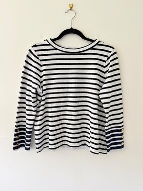 Hobbs London Thick Cotton Knit Striped Boater Tee Brass Buttons Dk. Navy White